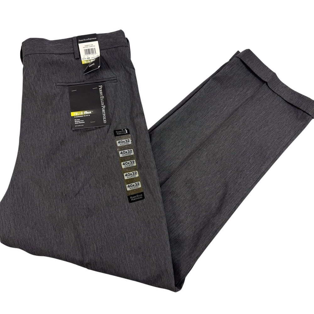 Perry Ellis Portfolio Dress Pants Mens 40x32 Gray Pleated Folio Flex No Iron NEW